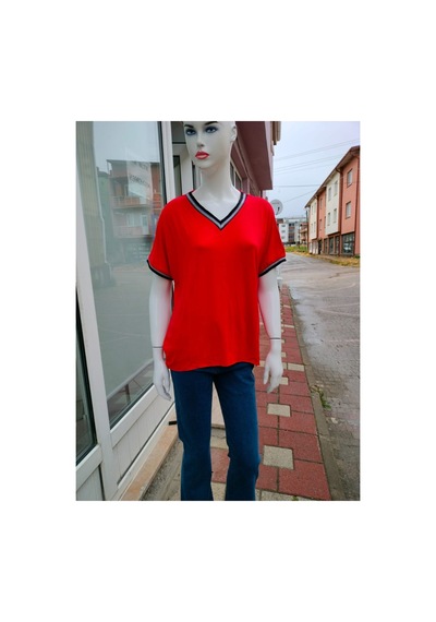 Çınar Boutique Ribana Detaylı Kırmızı Tişört Kırmızı Kırmızı