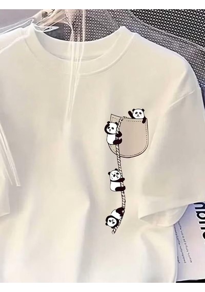 Sevimli Panda Grafikli İpli Cep Detaylı Kısa Kollu Oversize Unisex Bisiklet Yaka Tişört Beyaz