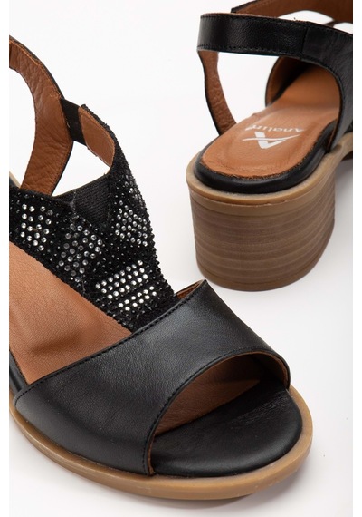 Analin Shoes Kadın Hakiki Deri Lastikli Rahat Taşlı Sandalet Kot Mavi Siyah