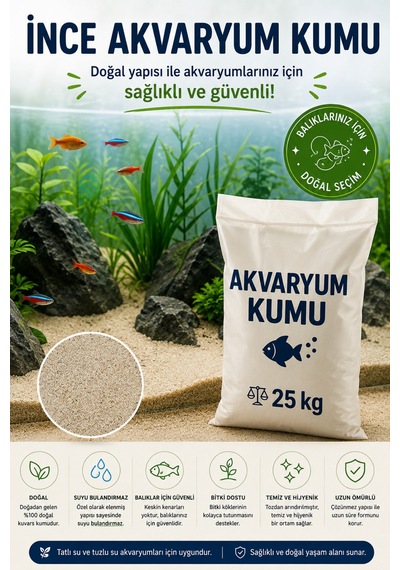 Doğal Akvaryum Kumu Açık Bej 25kg Ekonomik Paket İnce Taneli Elenmiş Tozdan Arındırılmış Fırında Kurutulmuş