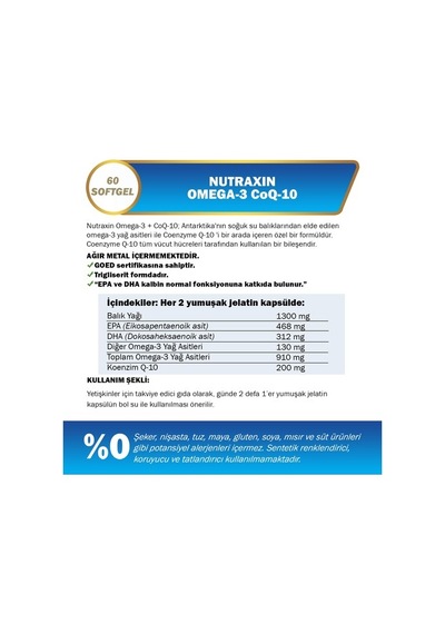 Nutraxin Omega 3 + Coq-10 60 Yumuşak Kapsül