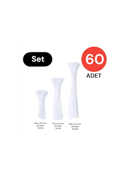 Tek-iş Plastik Kablo Bağı Klipsi Cırt Kelepçe Set 100-150-250 X 2.5 Mm Beyaz 20 X 3 60 Adet
