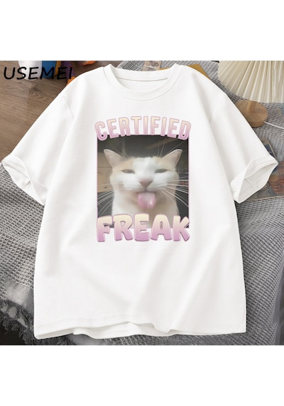 Flood Of Style Sertifikalı Freak Komik Kedi Meme T-shirt Adam Kısa Kollu Tişört Erkek Tshirt Erkek Giysileri Beyaz