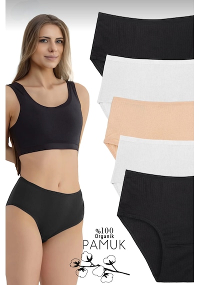 Qulothes Kadın Fitilli Ribana Pamuklu Külot / Kaşkorse Pamuklu Külot 5'li Paket Çok Renkli