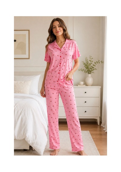 Angbutik Pembe Kiraz Desenli Kısa Kollu Gömlek Yaka Milan Kumaş Kadın Pijama Takımı