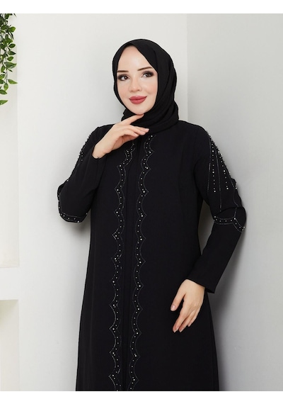 Eslemnur Yelpaze Taşlı Büyük Beden Anne Elbisesi Siyah