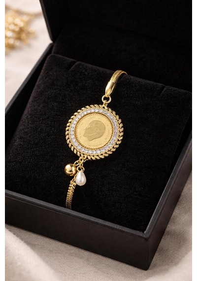 Çelik Lira Temalı Zirkon Gold Bileklik Gümüş + Altın