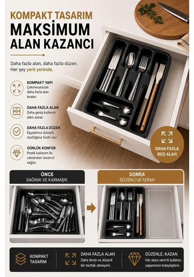 6 Bölmeli Çekmece İçi Kaşıklık, Plastik Çatal Bıçak Organizeri, Mutfak Düzenleyici Gri S-11003 Diğer