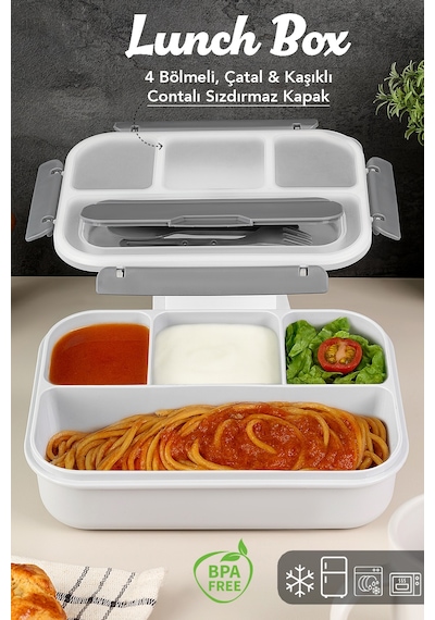 Sızdırmaz Contalı Yemek Kabı - 4 Bölmeli Çatal Kaşıklı Diyet Beslenme Kutusu Lunch Box Gri Gri