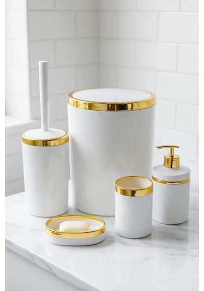 Makri Home 5 Parça Akrilik Banyo Seti, Şık Ve Kaliteli Akrilik, Altın Renk Detaylı, Beyaz Beyaz