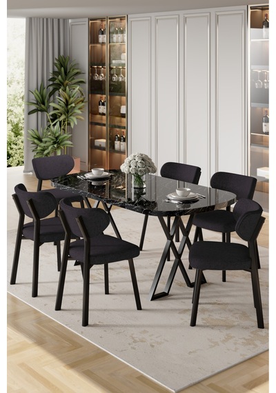 Canisa Axton Serisi Sabit Mdf 90x168 Siyah Mermer Desen Mutfak Masa Takımı 6 Krem Sandalye Antrasit Sandalye Siyah Mermer Desen Masa