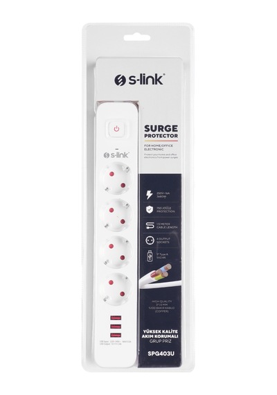S-lınk Spg403u 4 Soket Akım Korumalı Priz 3xusb 5v 2.4a 1.5mt %100 Bakır 1.5mm Kablo 750 Joule Beyaz 1923 1.9 M