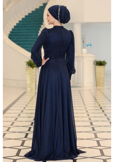 Raika Moda Şık Tasarım Tül Kübra Abiye Lacivert