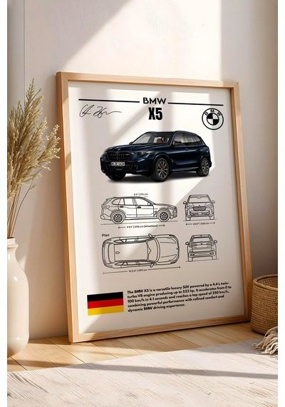 Bmw X5 Tablo - Teknik Özellikli Alman Lüks Suv Poster - Çerçeveli Duvar Dekoru - Araba Blueprint Kayın