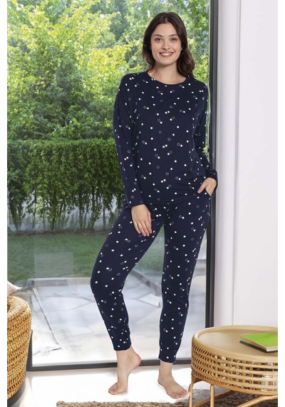 Aydoğan Kadın Yıldız Desen Uzun Kol Pijama Takımı 240928 Lacivert Lacivert
