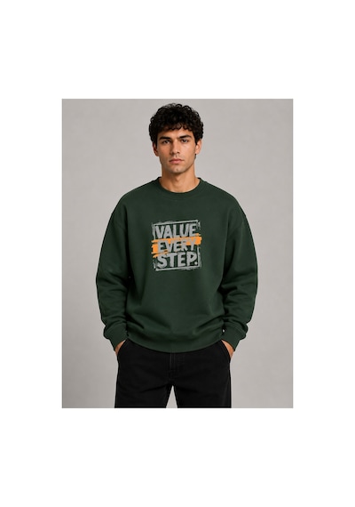 Herkesemoda Value Every Baskı Detaylı Bisiklet Yaka Şardonlu 2 İplik Sweatshirt Yeşil