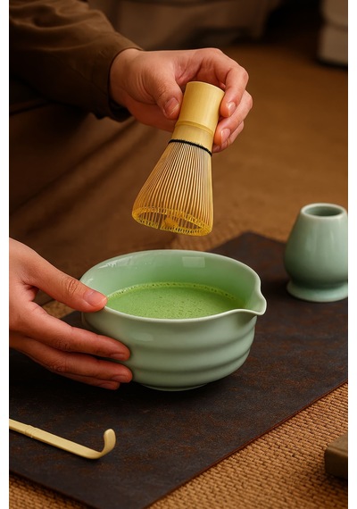 4lü Matcha Set Kase Kaşık Whisk Tutucu Bambu Whisk Çırpıcı Ve Bambu Kaşık Mt217 Yeşil