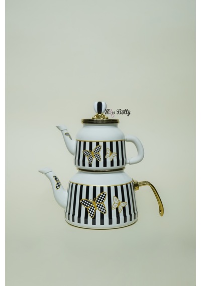 Papillon Emaye Çaydanlık Dekoratif Vintage Çaydanlık Takımı Beyaz - Siyah