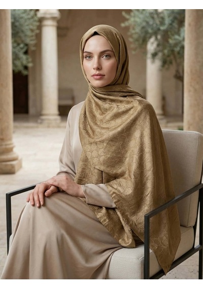 Camellia Scarfs İtalyan Jakar Şal Monogram Desen Sütlü Kahve - Lüks Stil