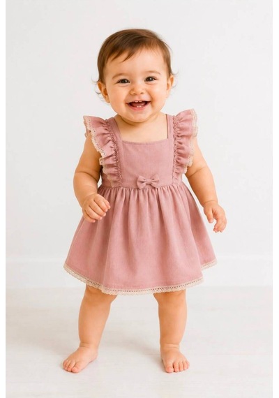 Hayy Baby Kids Wear Pudra Fırfır Detaylı Dantelli Elbise Pembe