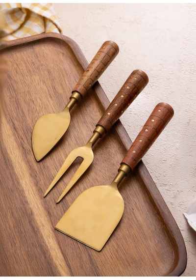 The Mia Wood Peynir Servis Takımı 3 Parça Gold