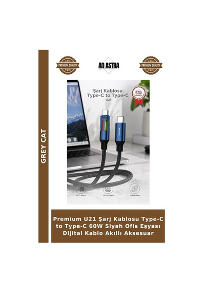 Premium U21 Şarj Kablosu Type-c To Type-c 60w Siyah Ofis Eşyası Dijital Kablo Akıllı Aksesuar
