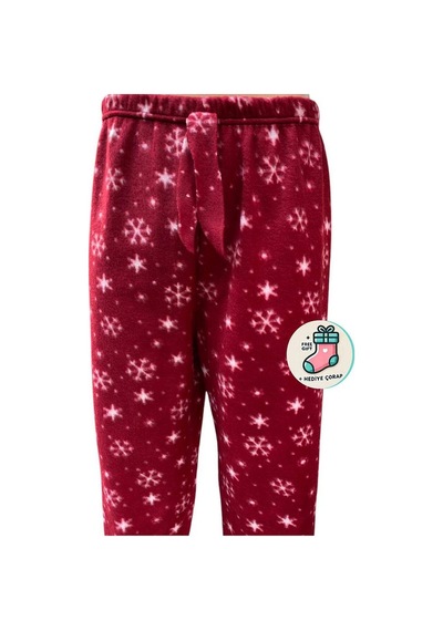 Cepsiz Kışlık Polar Kadın Pijama Altı Tek Alt Je34 - Çorap Hediye Kırmızı