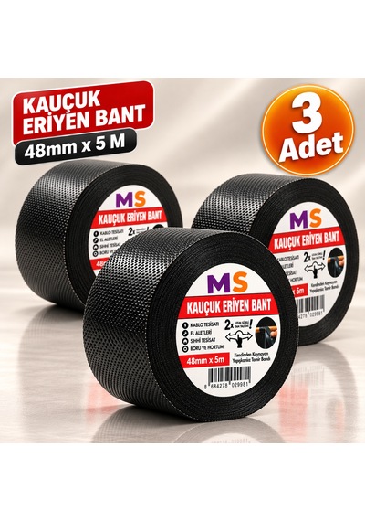 3 Adet Kauçuk Eriyen Bantı Siyah 48 Mm X 5 Metre Elektrikçi Kablo Boru Hortum İzolasyon Tamir Bandı
