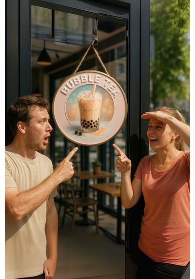 Bubble Tea Temalı Kapı Süsü Tablosu, Boba İçecek Konseptli Dekoratif Cafe Büfe Duvar Aksesuarı
