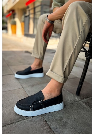 Roof Atelier Erkek Siyah Beyaz Kemer Tokalı Loafer Ayakkabı - 417 - Cbt Mancini Siyah
