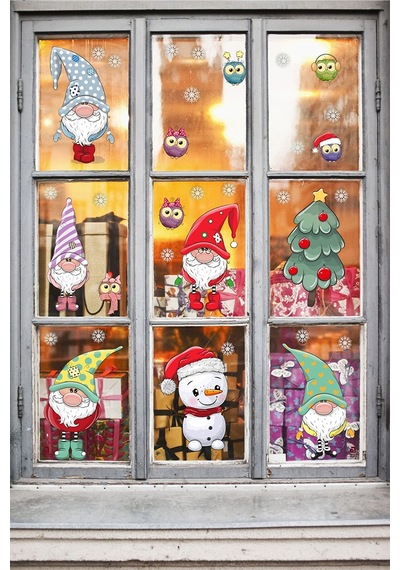 Yılbaşı Sticker Noel Cüceler Baykuş Kardan Adam Ve Kartaneleri Pencere Sticker