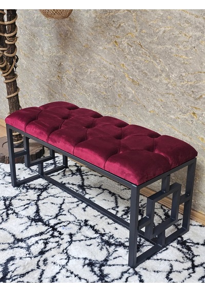 Zafir Siyah Boyalı İçi Kareli Diktörtgen 100 Cm X 40 Cm Oturak Puf - Bench - Makyaj Oturağı - Oturak Bordo