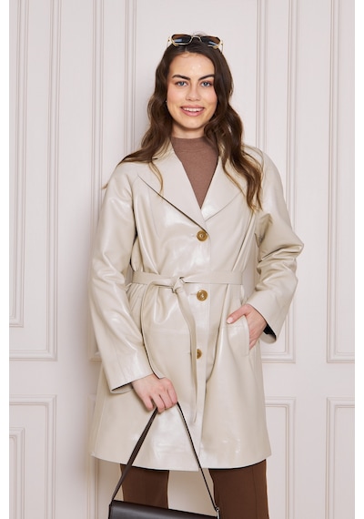 M M Marki Marki Kadın Hakiki Deri Trençkot Bej, V Yaka, Kuşaklı, Düğme Kapamalı, Oversize, 90 Cm - 117122