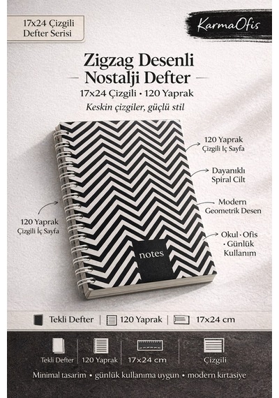 4'lü Spiral Çizgili Defter Seti 17x24 Cm 120 Yp Nostalji Desenli Okul Ofis Defteri