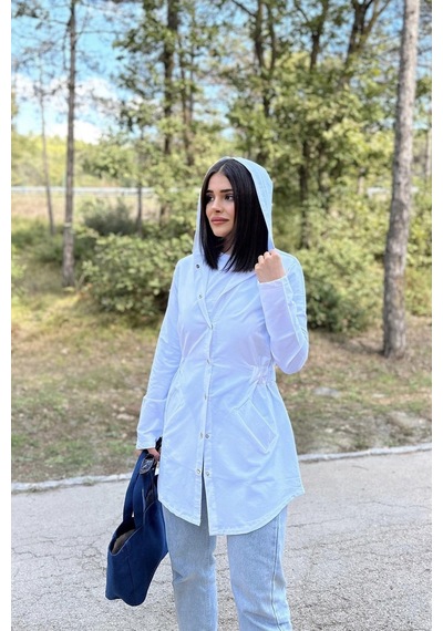 Kadın Beyaz Uzun Kol, Beli Lastikli, Cepli, Kapüşonlu Ceket Yağmurluk Beyaz