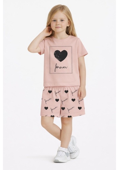 Name Baby & Kids Kız Çocuk Şortlu Yazlık Pijama Takımı Kalp Temalı Nbk-6146 Pembe