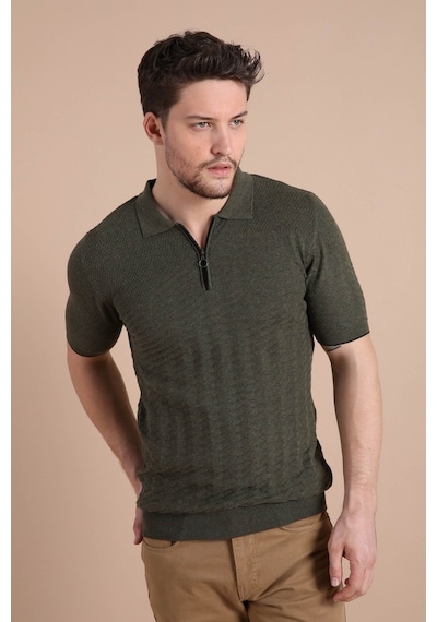 Ferraro Haki Polo Yaka Fermuarlı Erkek Pamuk Triko T-Shirt-Haki (417942120) Haki