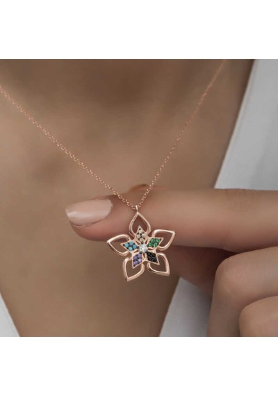 Gümüş Rose Renkli Taşlı Çiçek Kadın Kolye