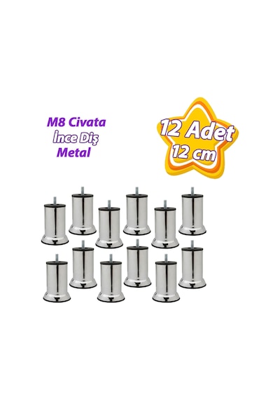 12 Adet Metal Destek Ayağı 12 Cm Krom Mobilya Kanepe Baza Koltuk Ünite Ayakları Metrik 8 Civatalı İnce Diş