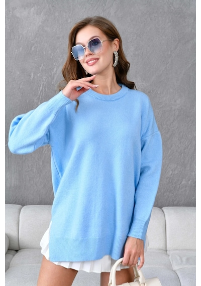 Park Karon Kadın Bisiklet Yaka Yırtmaçlı Oversize Triko Kazak Bebe Mavi