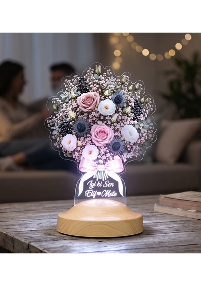 Pudra Gece Masalı Işıklı Çiçek Buketi Led Lamba Kadına Ve Sevgiliye Özel Hediye, Kişiye Özel Solmayan Çiçek Lambası Gece Masalı Buketi