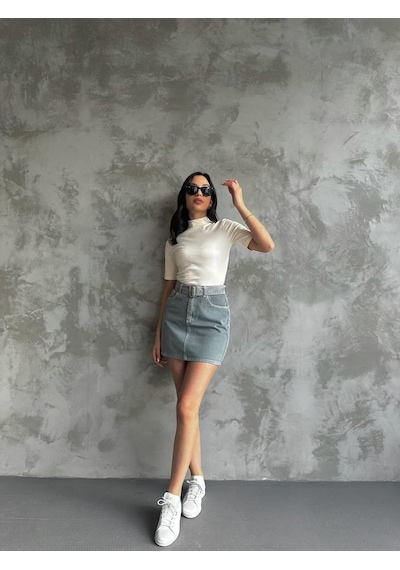 Eke Tekstil Kadın Kemer Detaylı Kot Mini Etek-mavi Mavi