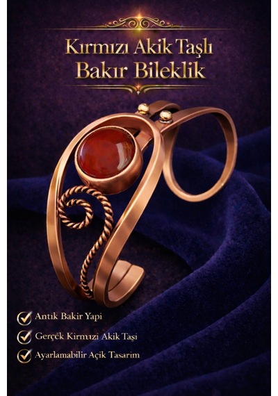 Kadın Bakır Bileklik Doğal Kırmızı Akik Taşlı Otantik Model Bilezik Her Bileğe Uygun Diğer