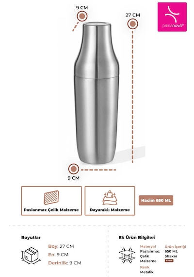 Primanova Gadget Çok Amaçlı Paslanmaz Çelik Kokteyl Shaker 650 Ml
