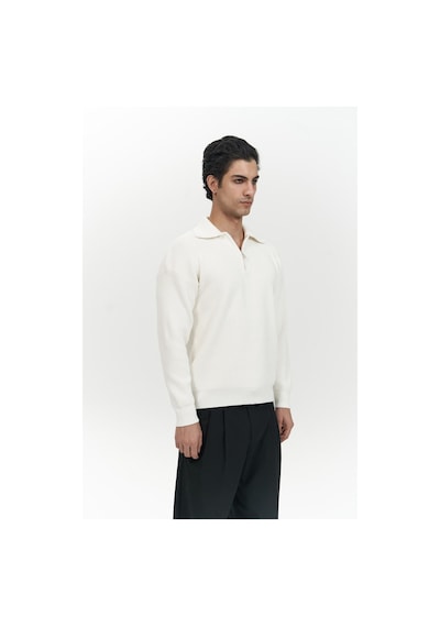 Mai Collection Mai Studios Co. Oberon Polo Yaka Yarım Fermuarlı Ekru Erkek Triko Kazak Ekru
