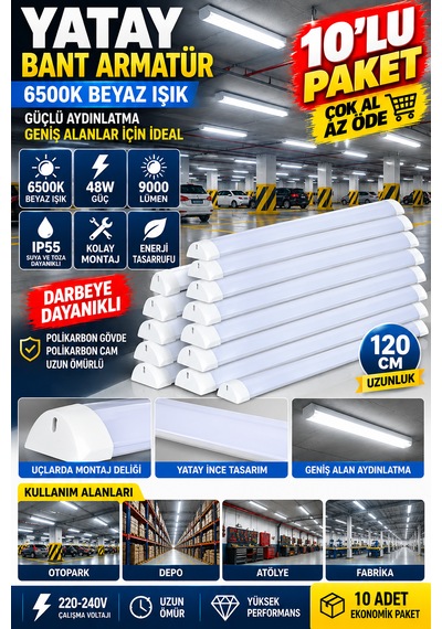 10'lu Paket 48w Led Bant Armatür 120 Cm 6500k Beyaz Işık 5800 Lümen Ip55 Yatay Tavan Aydınlatma Çok Al Az Öde