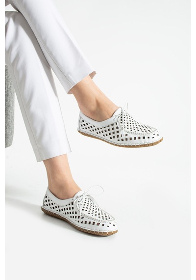 Dabab Shoes Vırena Kadın Beyaz Hakiki Deri File Bağcıklı Düz Taban Yazlık Babet Loafer Ayakkabı