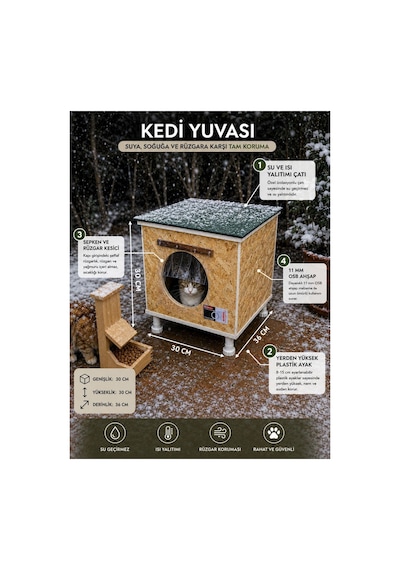 Kedi Kulübesi Kedi Yuvası Kedi Evi 30x33x36cm Iç Ve Dış Mekan Su Geçirmez Isı Yalıtımlı Özel Tasarım
