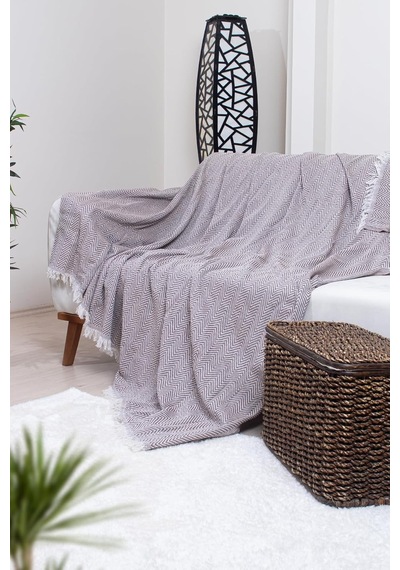Tr Pamuklu Zikzak Desenli Püsküllü Koltuk Örtüsü, 170x210 Cm, Geometrik Desen, Minimalist Stil, Yıkanabilir Kahv Diğer