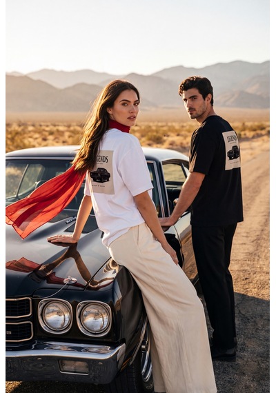 Black Nova Oversize Baskılı Unisex Tişört Legend Car Beyaz